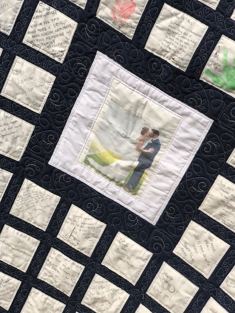 Wedding Guest Book Quilt, pieced and machine quilted by Amy Martin of Peaceful Quilts in Lafayette Indiana